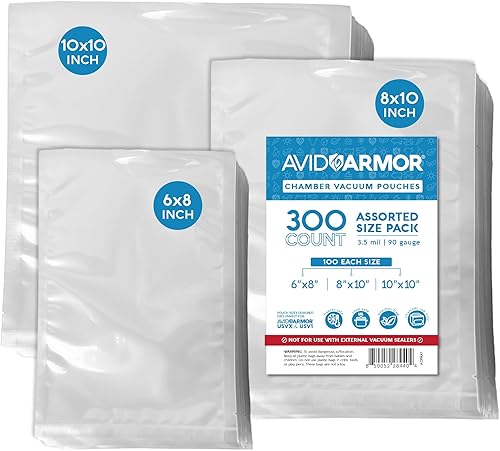 Avid Armor Bolsas selladoras al vacío de cámara, 6 x 18 pulgadas, 8 x 10 pulgadas y 10 x 10 pulgadas, paquete de 300 bolsas resistentes de grado