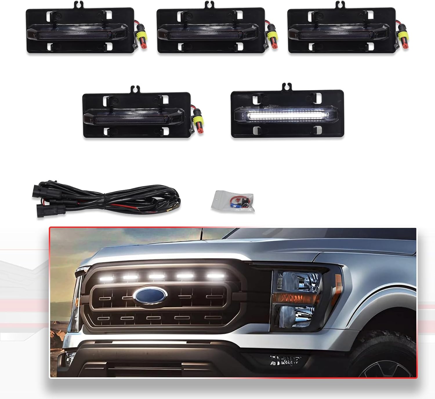 ‎MODIPIM 5PCS White LED Front Grille Lights for Ford F150 XL/XLT/XLT Sporting 2021-2023 Front Grill Smoked Lens Running Light Kit with Wiring Harness