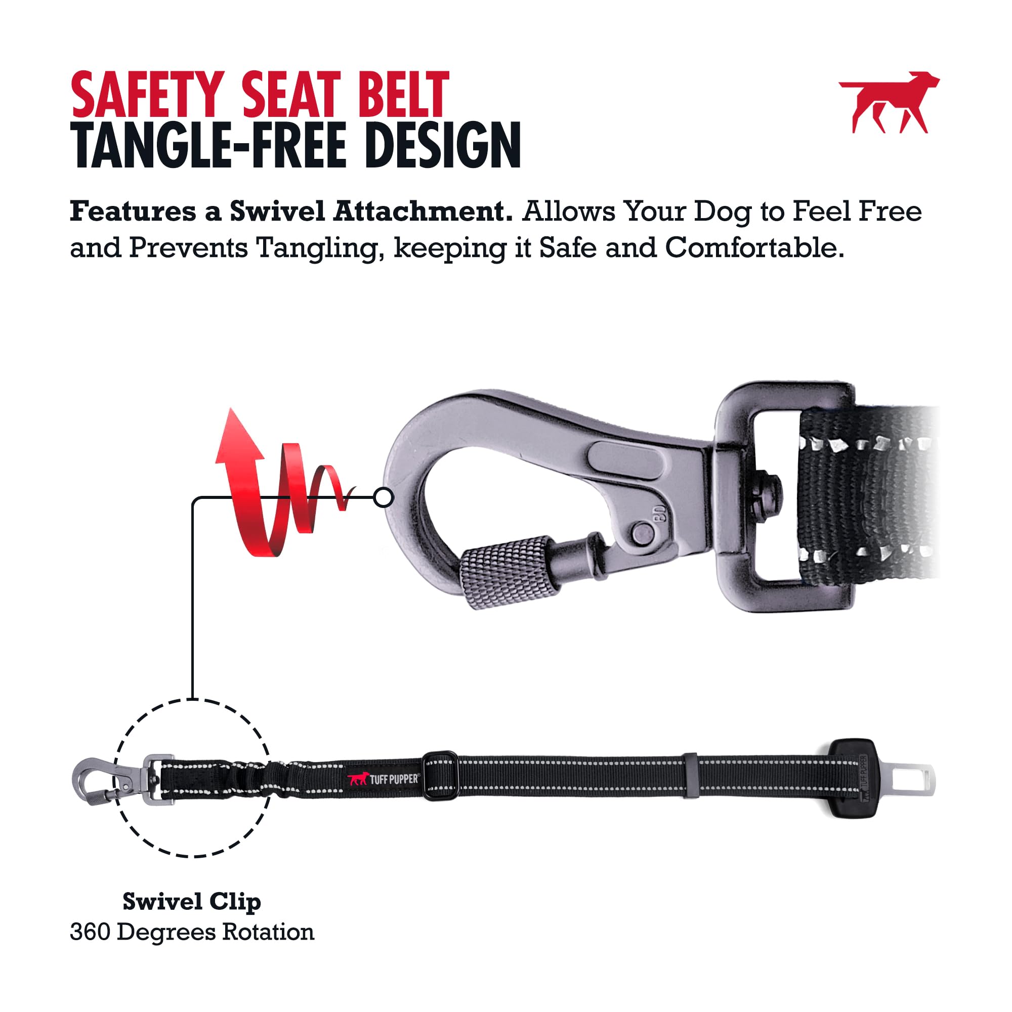 Tuff Pupper Ceinture de sécurité pour chien | Longueur réglable | Mousqueton de verrouillage anti-nœuds | Élastique absorbant les chocs | Coutures réfléchissantes pour plus de visibilité | Ajustement