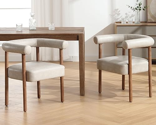 Miniatura 3 de VESCASA Upholstered Dining Chairs with Natural Brush Wood Legs, Faux Leather Mid-Century Modern PU Dining Chairs with Curve Padded Open Back for