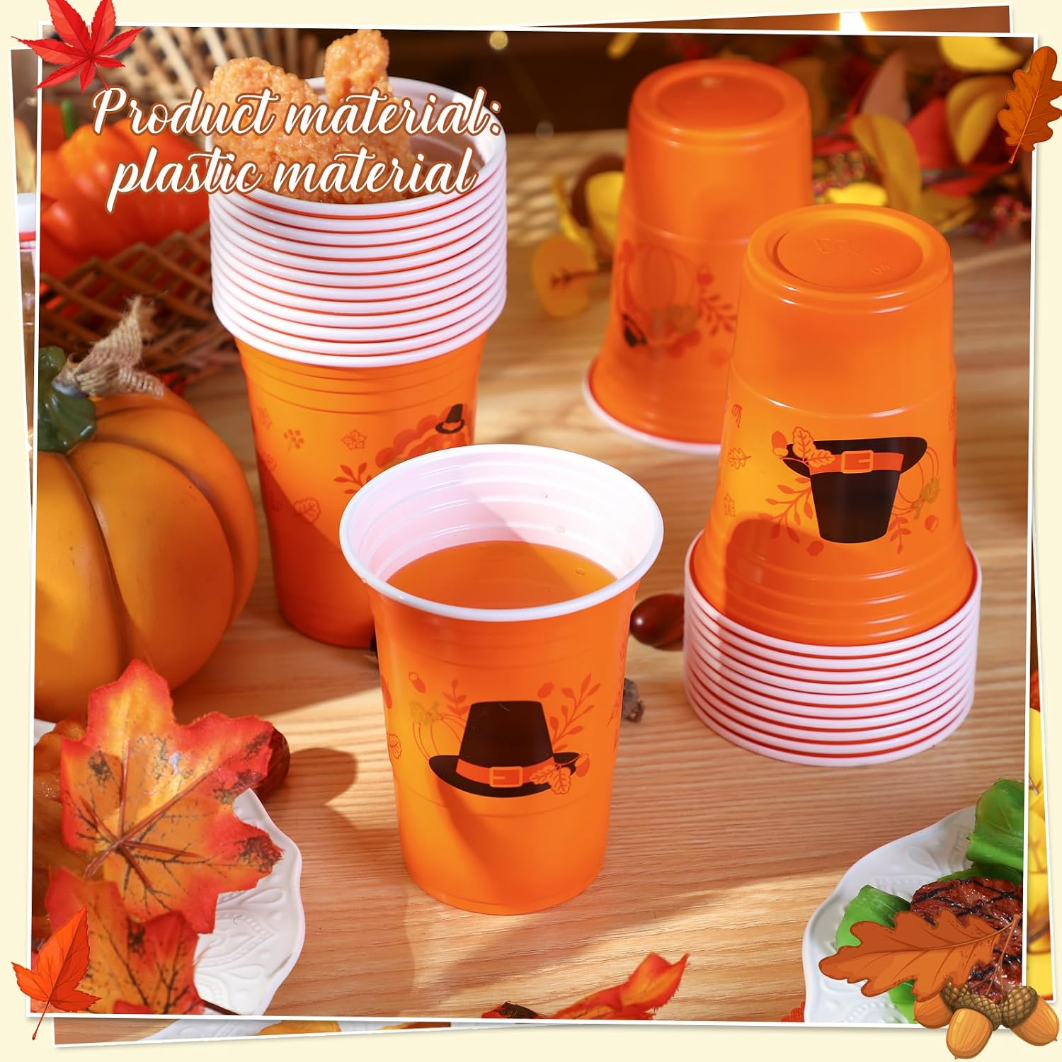 Sliner 60 Pieces 16 oz Thanksgiving Plastic Cups Thanksgiving Party Supplies Orange Disposable Cups Bulk Pumpkin Drinkware for Juice Coffee Fall Dinner Autumn Harvest Party Decor
