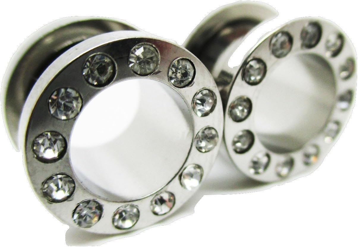 Stainless Steel Cz Diamond Ear Plugs - Screw-on - New *Pair* 6 Sizes (00 Gauge (10mm))