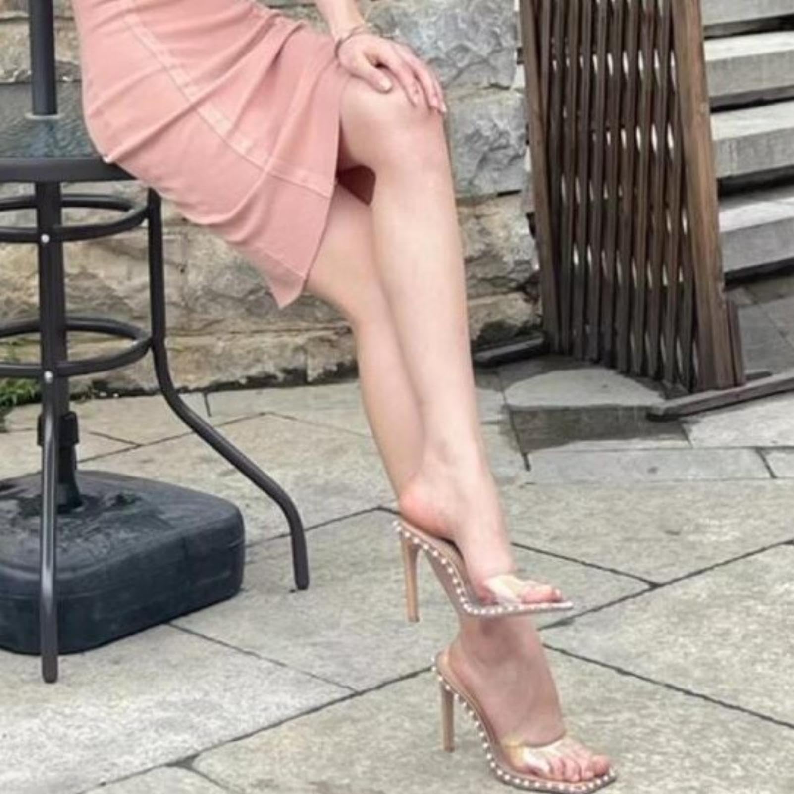 Genérico Mujer Tacón De Mule De PVC Transparente para con Adorno De Perlas | Sandalias De Fiesta De Noche Con Punta Cuadrada Abierta, TacóN Alto De Aguja Sandalias De Boda