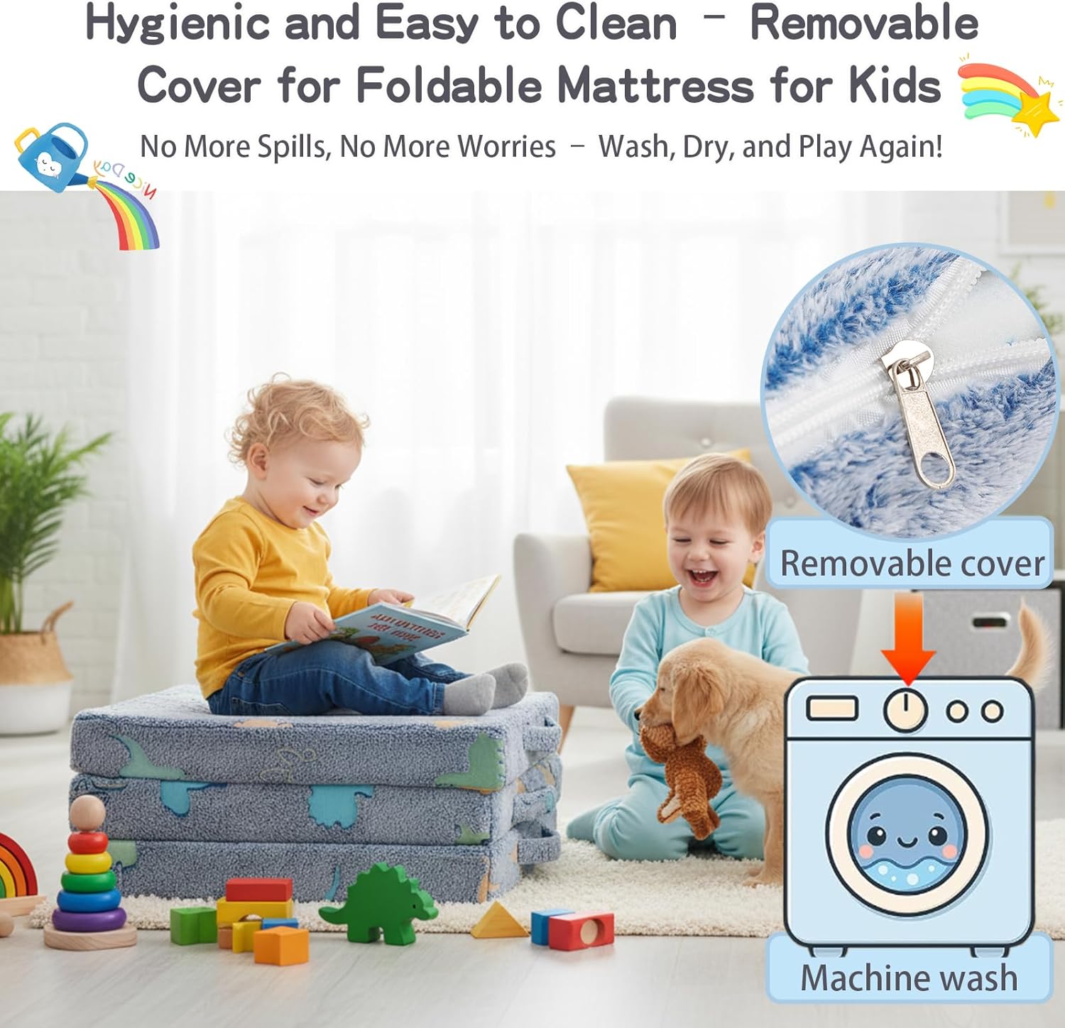 Tiita Kids Floor Mattress - Toddler Trifold Futon Mattress, Portable Foldable Play Mat for Naps and Playtime, Blue Dinosaur