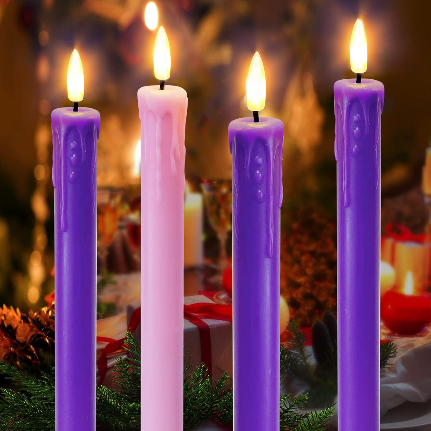 Set of 4 LED Christmas Candle Lights, Battery Operated Taper Candles for Advent Wreath, 3 Purple 1 Rose Flickering Wax Flameless Candles for Holiday School Church Celebration