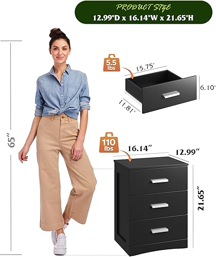 Miniatura 3 de WLIVE Mesita de noche negra con 3 cajones, pequeña mesita de noche de madera, mesa auxiliar de cama para dormitorio, sala de estar, dormitorio,