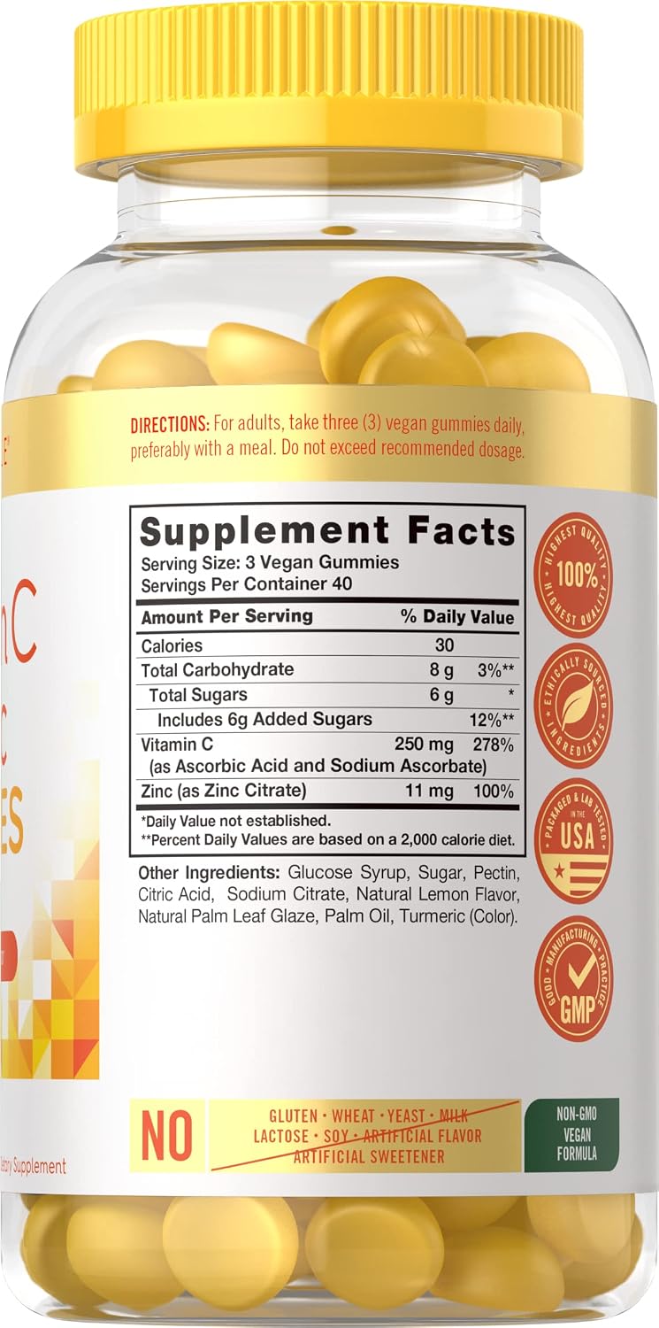 Carlyle Vitamin C and Zinc Gummies | 120 Count | Vegan, Non-GMO, and Gluten Free Supplement | Natural Lemon Flavor