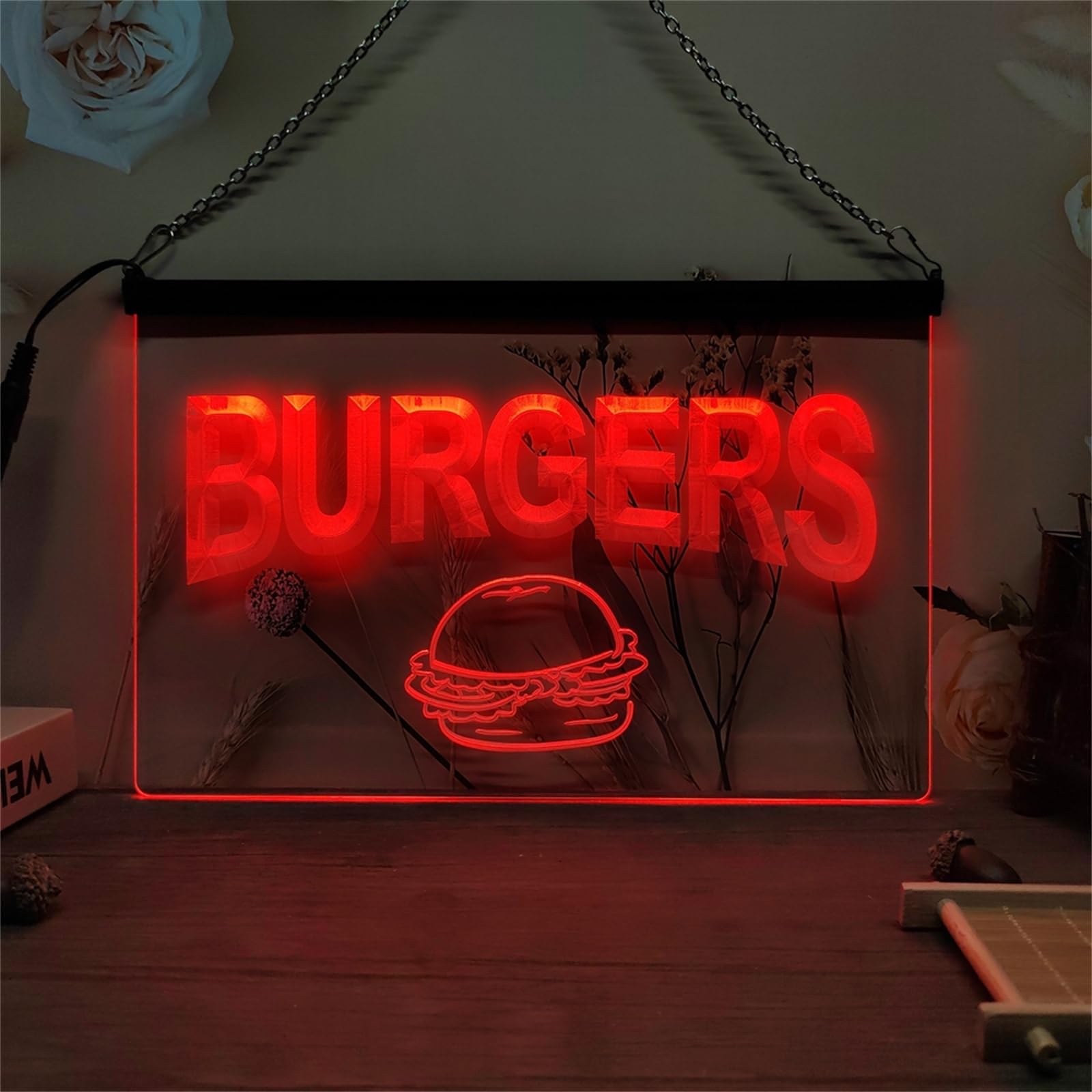 Restaurant Neon Sign, 24 Key Remote Control Dimming RGB LED Neon Lights for Wall Decoration USB Luminous Sign, 30X20cm,Burgers
