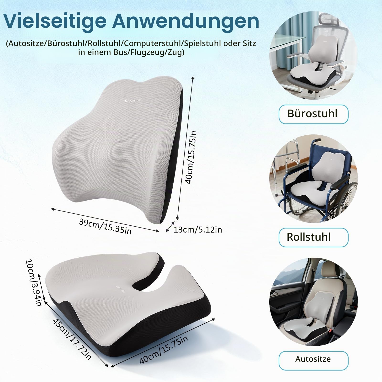 Sitzkissen und Rückenkissen, Orthopädisches Druckentlastungskissen für das Steißbein, Ergonomisches Steißbeinkissen, Memory Foam für Büro und Auto