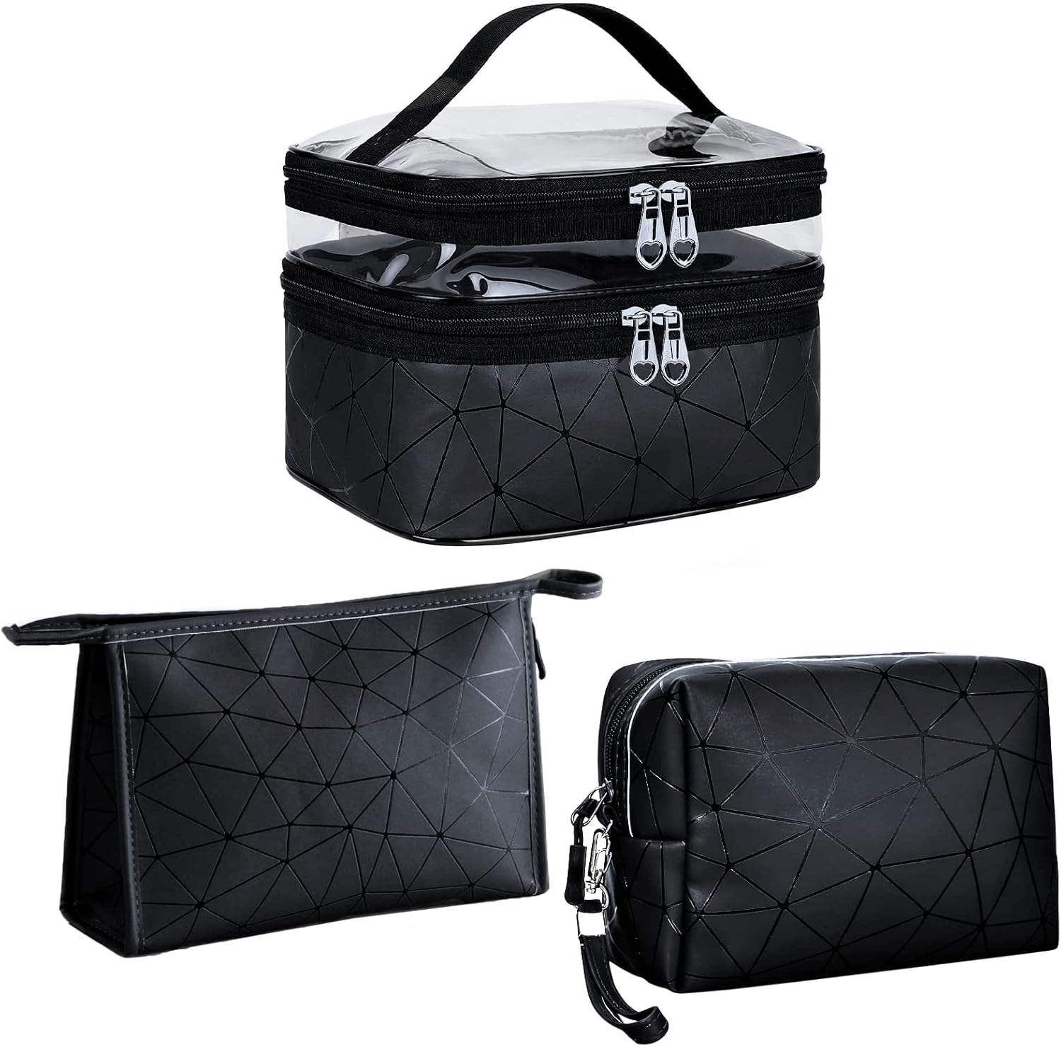 Cosmetische tas dames set 3 stuks make-up tas transparant make-up tas dames dubbellaagse make-uptas groot voor op reis, zwart, Dubbellaags