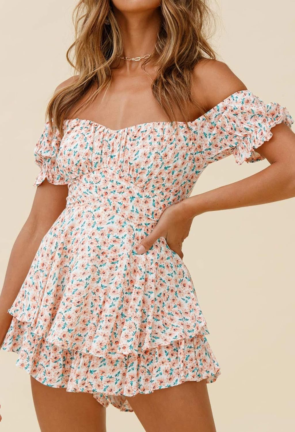 Fixmatti Women Boho Romper Off Shoulder Ruffle Chiffon Shorts Jumpsuit Playsuits - Image 4