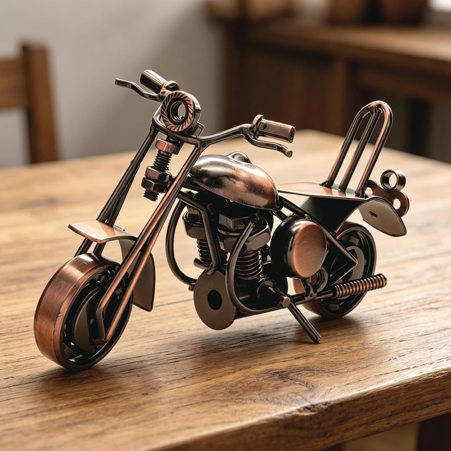 Handmade Scrap Metal Motorcycle Model – Vintage Biker Gifts for Men & Women, Industrial Steampunk Motorcycle Sculpture, Decor for Desk, Home Office & Man Cave, 6″