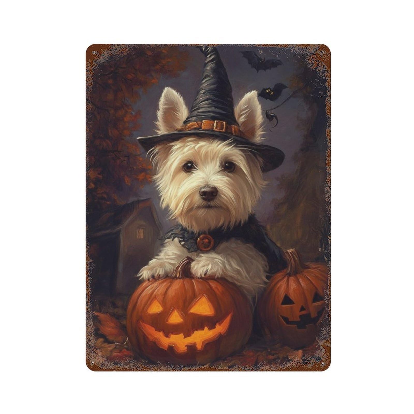 Rust Effect Halloween Dog with Pumpkins Rustic Tin Plaque 15.7"x11.8", Classic Wall Plaque for Shed, Workshop And Garage Wall Decor