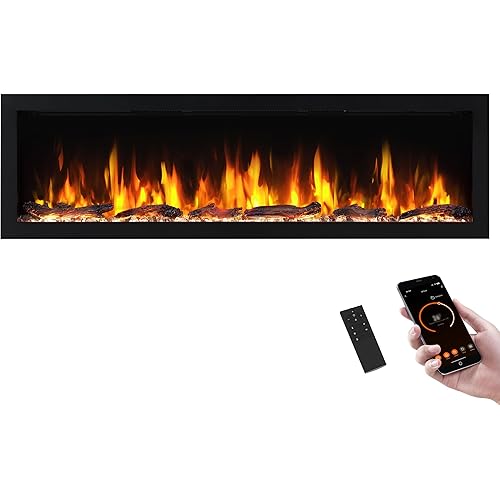 PuraFlame Bernice 60 Inch Smart Linear Electric Fireplace - Clean Hidden Vent Design, Flame with 9 Colors, Recessed in-Wall or Wall-Mount or Free Standing, Compatible with Alexa and Google Assistant