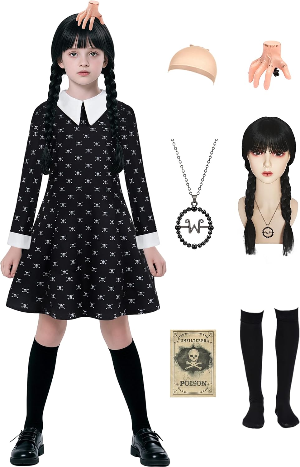 Kids Halloween Costume Girls Black Dress Cosplay with Wig Socks Necklace Hairpin Black 130 (7-8 Years)