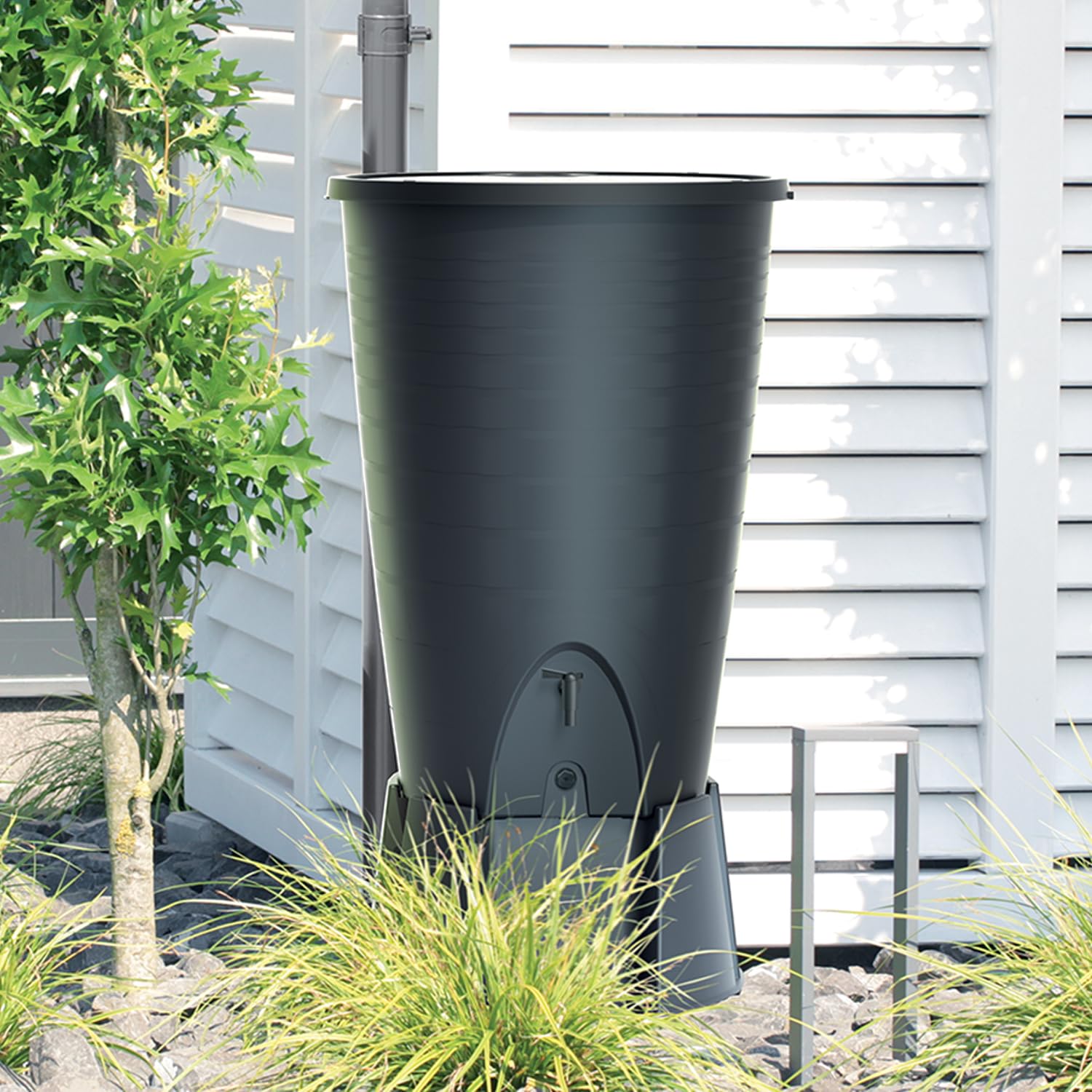 Depósito para agua de lluvia Peruno 260L | Ø72 x 97 cm | Incluye grifo y sistema de recogida de agua | Cisterna de jardín | Color negro diseño moderno