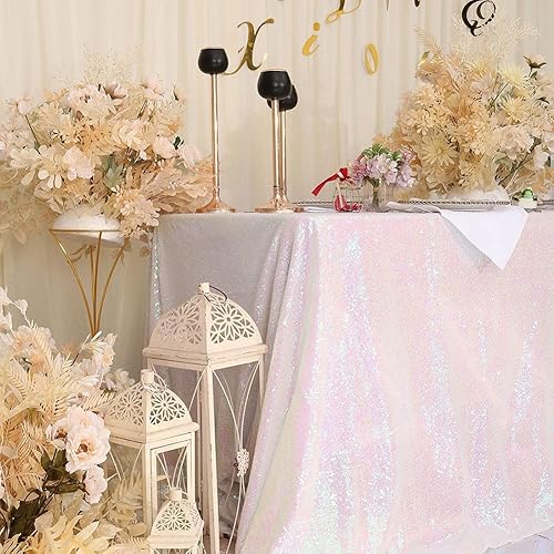 Miniatura 6 de Eternal Beauty Mantel de lentejuelas rectangular de 90 x 156 pulgadas, para fiestas, pasteles, mesa de postres, exposiciones, eventos, iridiscente