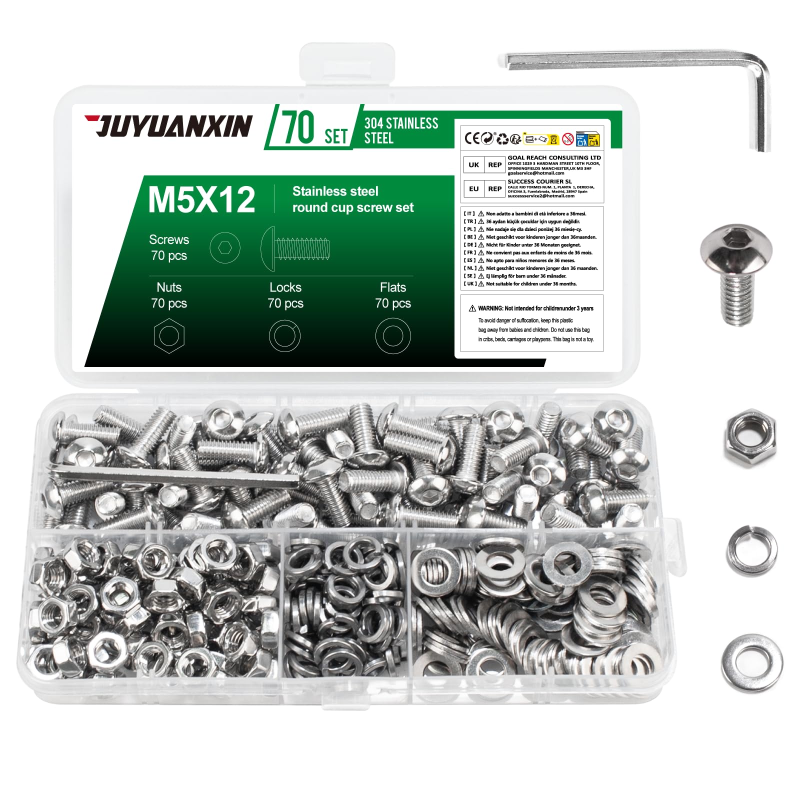 70 Set M5 x 12 mm Nuts and Bolts Assortment, Hex Socket Button Head Screws Bolts and Nuts Set, Stainless Steel Allen Machine Screws with Flat & Lock Washers Set