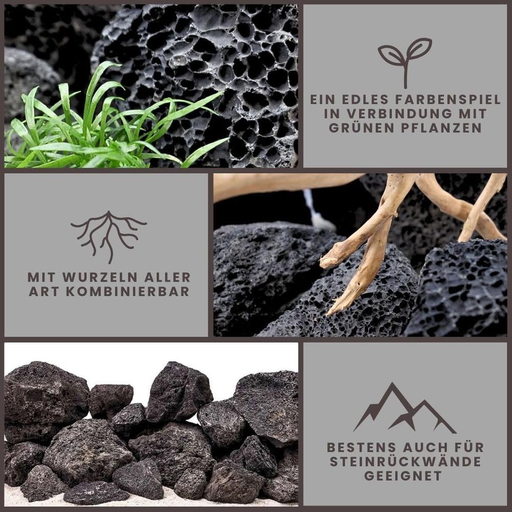 AquaOne Aquarium Steine Schwarze Lavasteine I Natursteine Lava 15kg Mix Größe S-XL I Aquascaping Gestein für Tank I Lavagestein Dekoration Aquascape Deko
