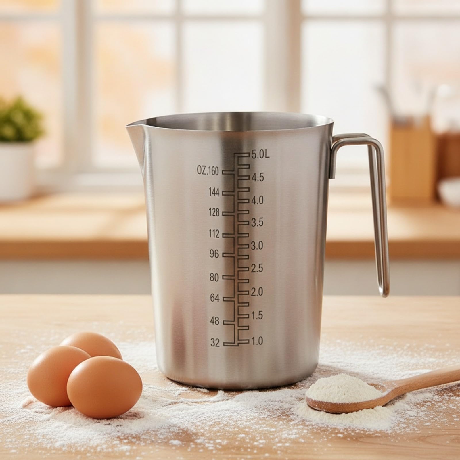 Vaso Medidor Acero Inoxidable Resistente Medidora con Asa y Vertedor Vertedor para Cocineros Caseros, Pasteleros, 5000ML, Tapa Vidrio