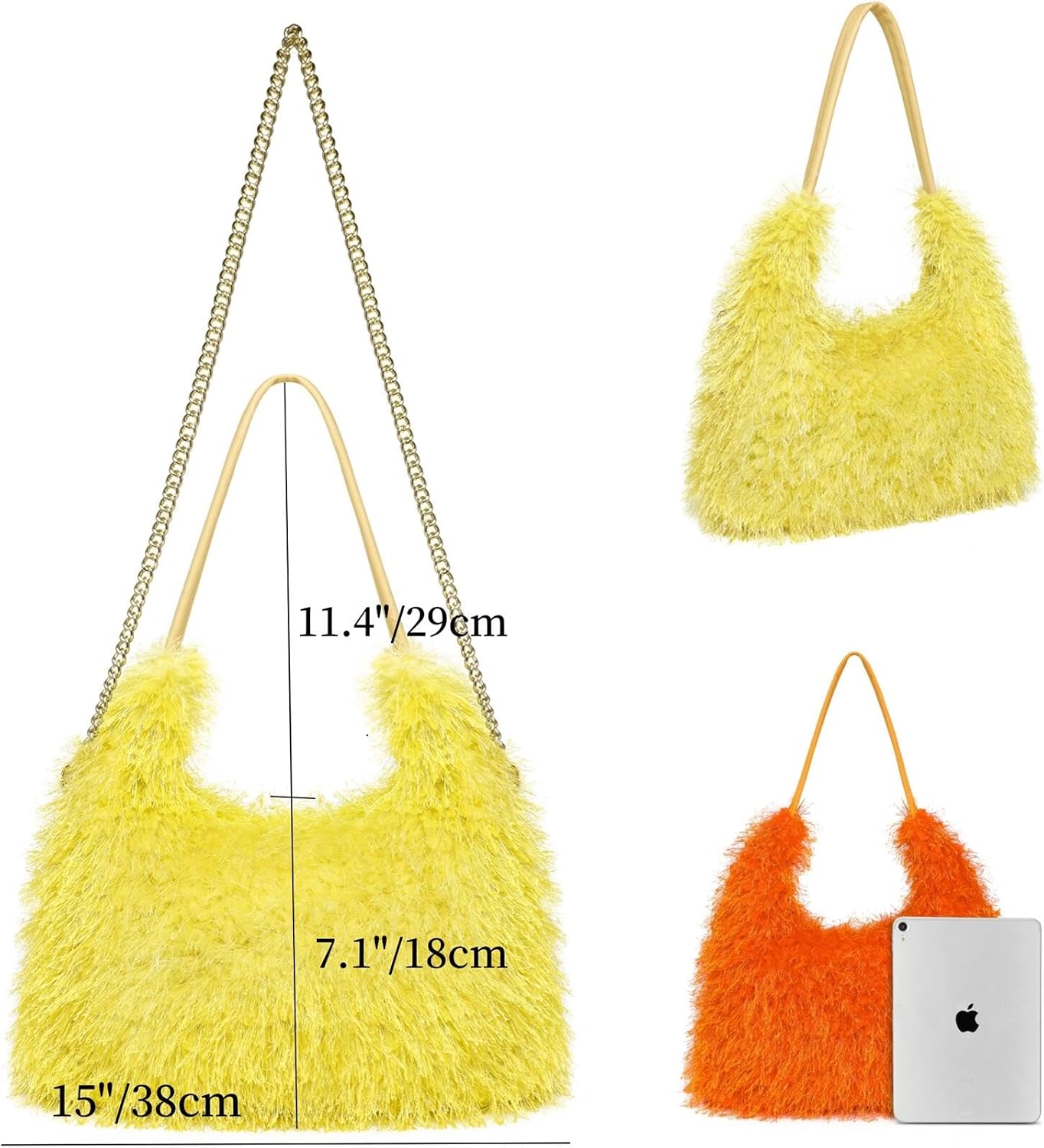 Large Furry Hobo Shoulder Crossbody Bag for Women Faux Fur Fuzzy Plush Purse and Handbag With Long Chain Strap
