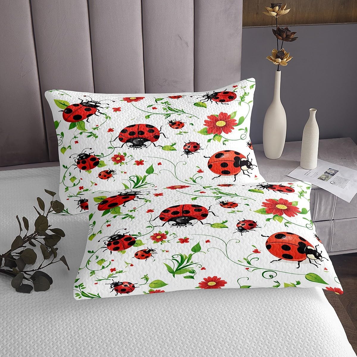 Homewish Ladybug Bedspread King Size,Green Leaves Red Flower Quilt for Kids Boys Girls Room Decor,Ladybird White Microfiber Bedding Set 3Pcs,Nature Animal Botanical Coverlet Set,2 Pillowcases