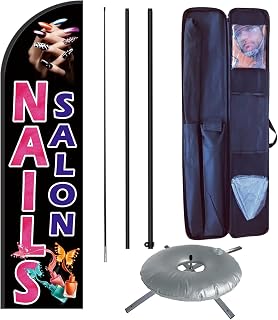 Nails Salon Feather Flag Pole Kit, Business Advertising Flags for Nails Store - 8 Feet Banner Flags and 12 Feet Flagpole, Metal X Base and Portable Travel Bag