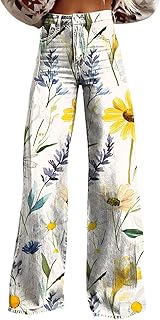 Pantalones de pierna ancha para mujer, cintura alta, pantalones florales, ligeros, holgados, informales, coloridos, pantalones vaqueros de imitación, pantalones azules para mujer