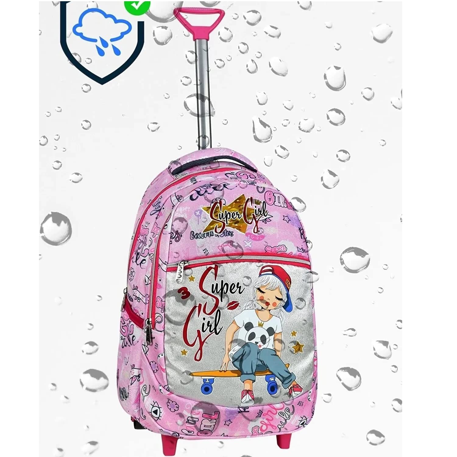 TahTicMer Çekçekli ilkokul Ortaokul Kız Çocuk Okul Çantası Sırt çantası Beslenme çantalı 2li Set Süper Girl Pembe Çanta Pembe Gri