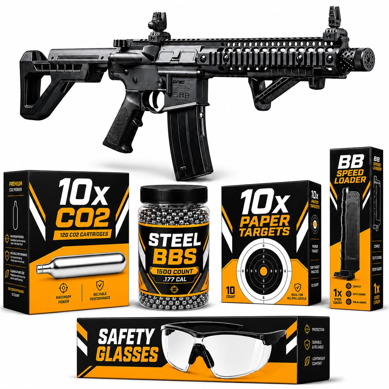 ArmyBoy Crosman DPMS SBR Full-Auto CO2 BB Gun Rifle Bundle, .177 Cal Air Rifle - Kit Includes: Gun + BBS + CO2 + Targets + Speed Loader + Glasses + Wristband