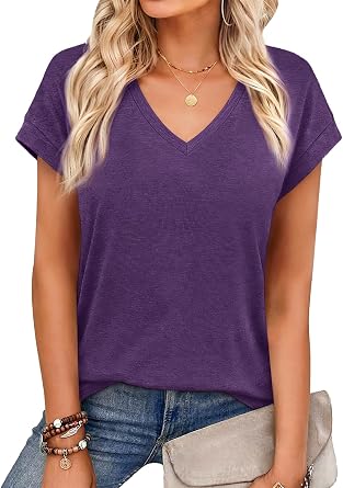 Womens Tops Short Sleeve V Neck T Shirts Basic Tees Casual Summer Outfits