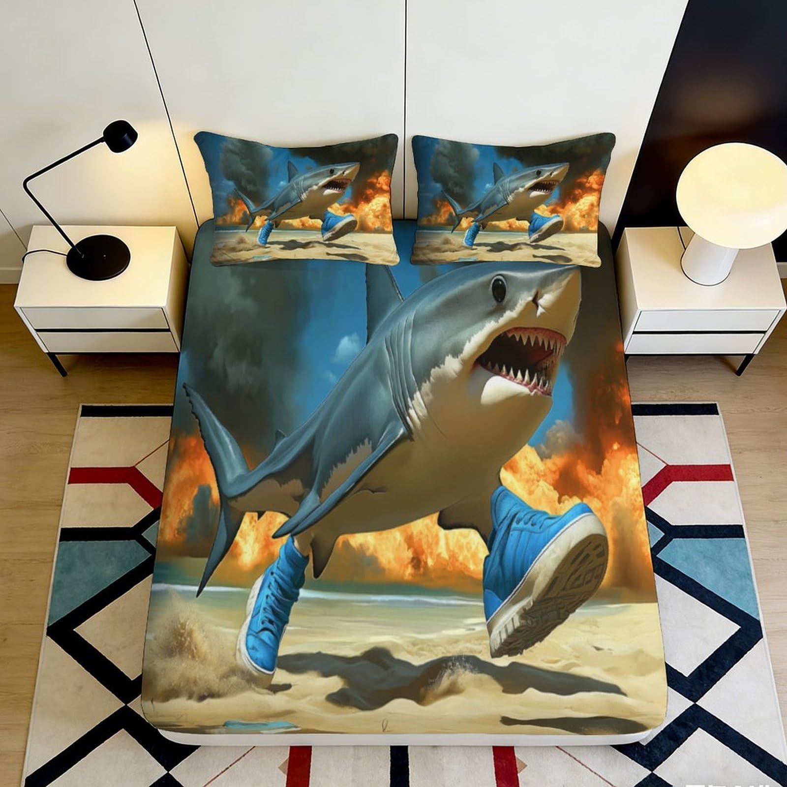 3D Printed Shark Beach Fitted Sheet Microfiber Soft Breathable Ocean Adventure Mattress Cover for Bedroom Dorm Decor 90x200x25cm