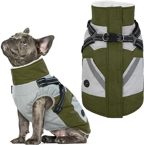 IECOii Abrigo para perro con arnés integrado, grande, impermeable, abrigo de invierno para perro, cremallera trasera, suéter para perros, ropa de