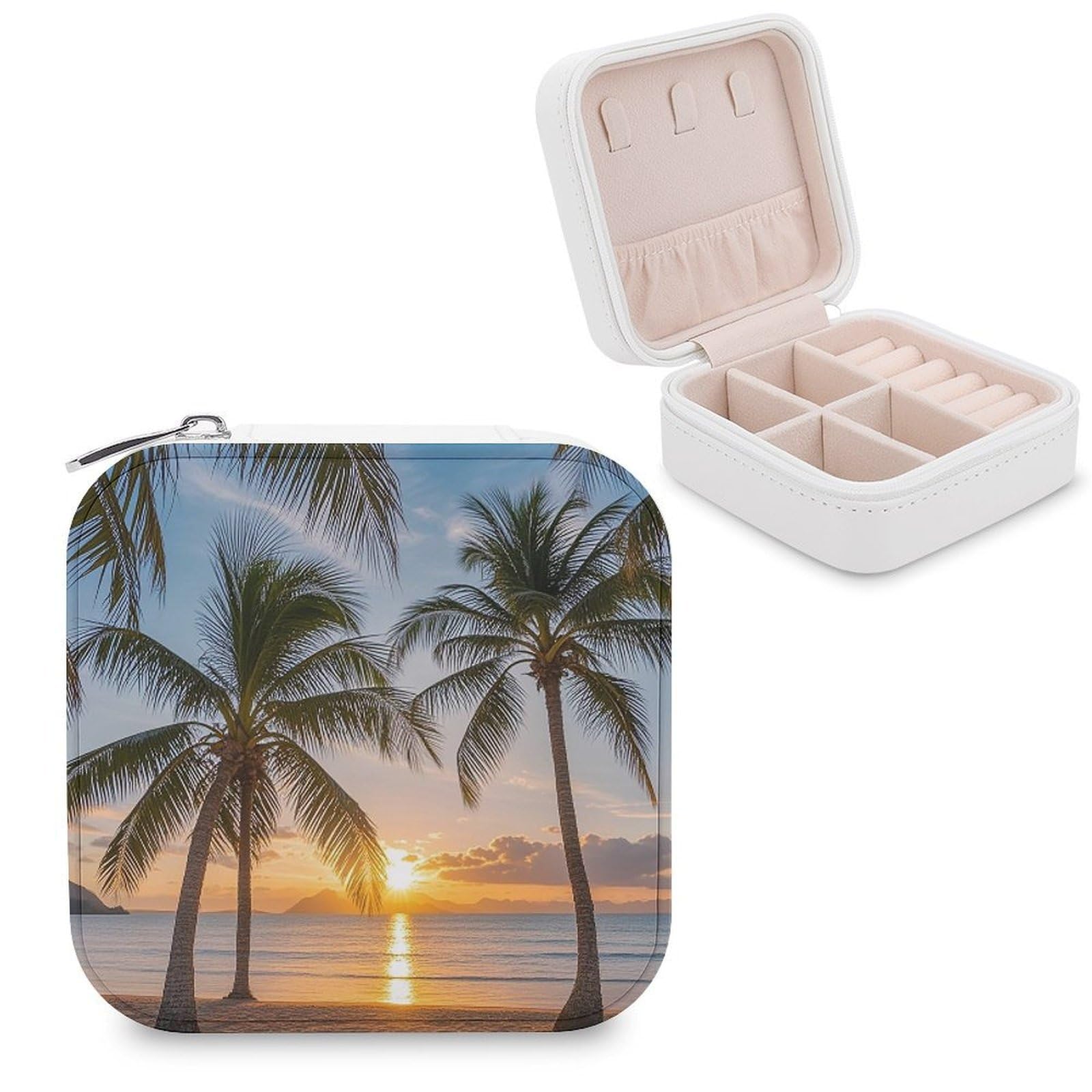 FekiLoot Sunset Palm Tree Jewelry Case Leather Jewelry Organizer Travel Jewelry Case Portable Small Jewelry Box Mini Display Storage Box Trinket Organizer for Ring Earring Necklace
