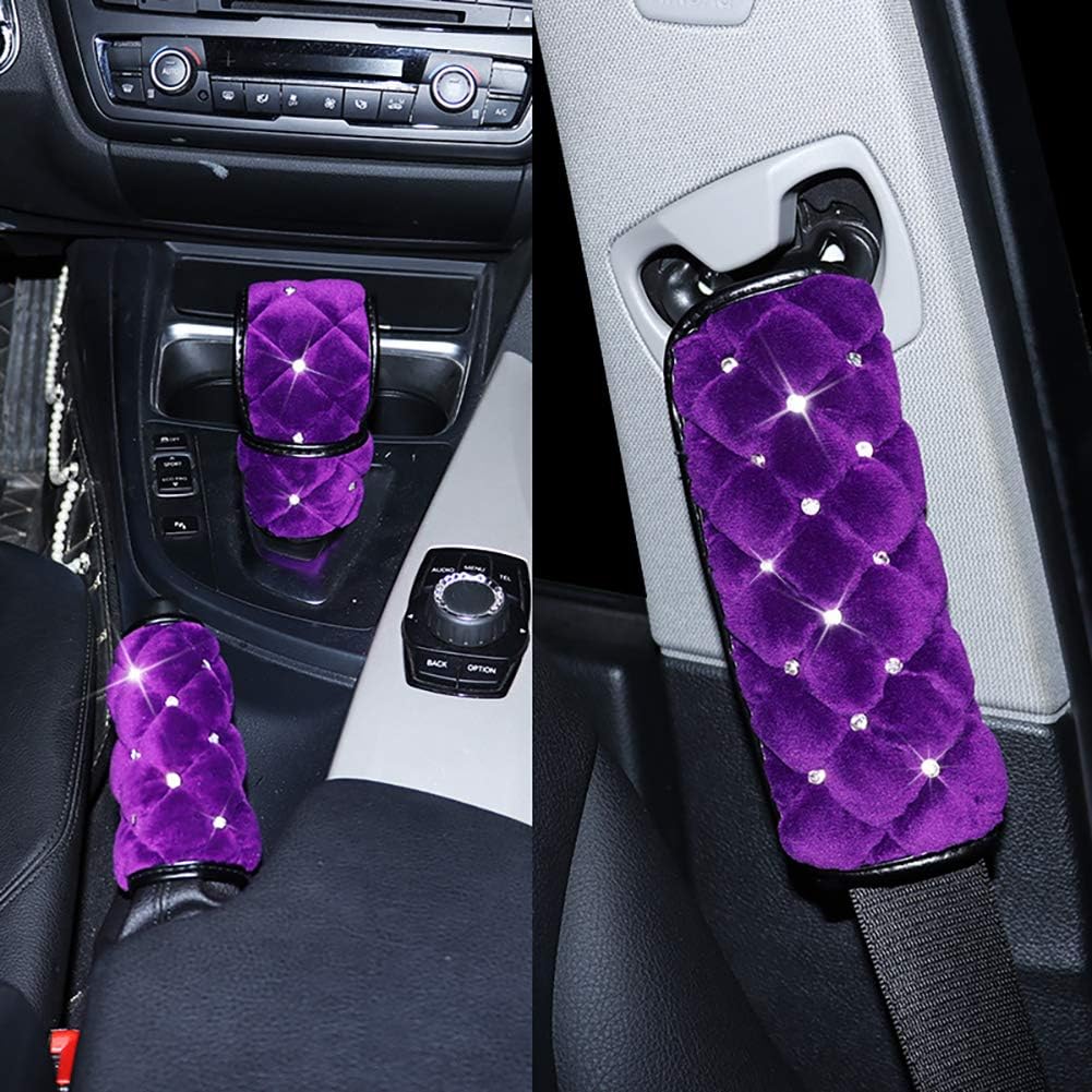 eing Plush Handbrake Cover Gear Shift Cover Seat Belt Cover 3 PCS/Set Car Interior Set Accessories Decor,Purple