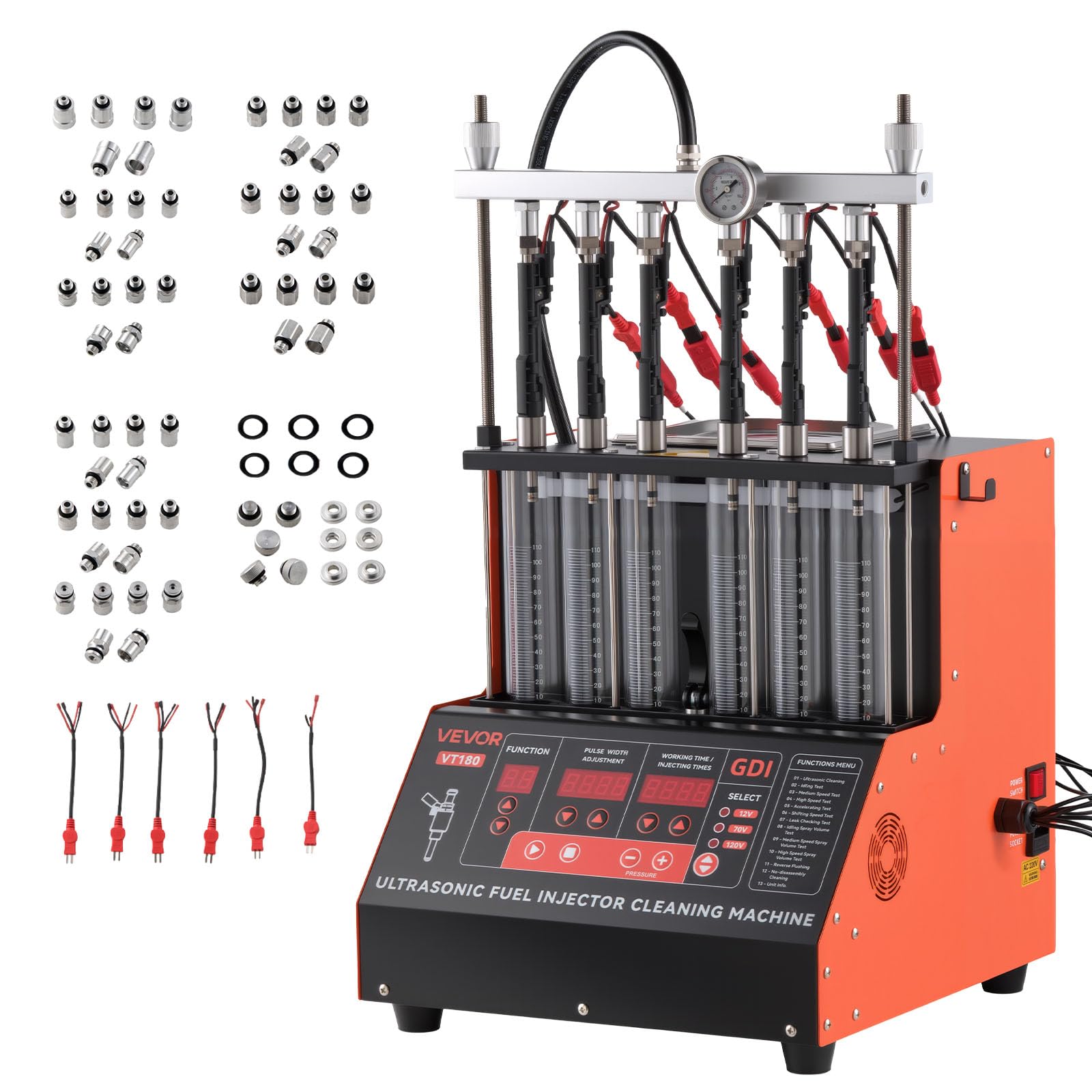 VEVOR Limpiador de Inyectores de Combustible de 6 Cilindros Máquina de Limpieza Ultrasónica 28 kHz Ajustable a 12 V/70 V/120 V para EFI/FSI/GDI, con Válvula de Drenaje para Coches, Motocicletas