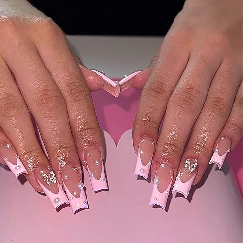 24 piezas de uñas francesas a presión, uñas postizas largas con forma de mariposa con diseños de diamantes de imitación, uñas postizas color rosa