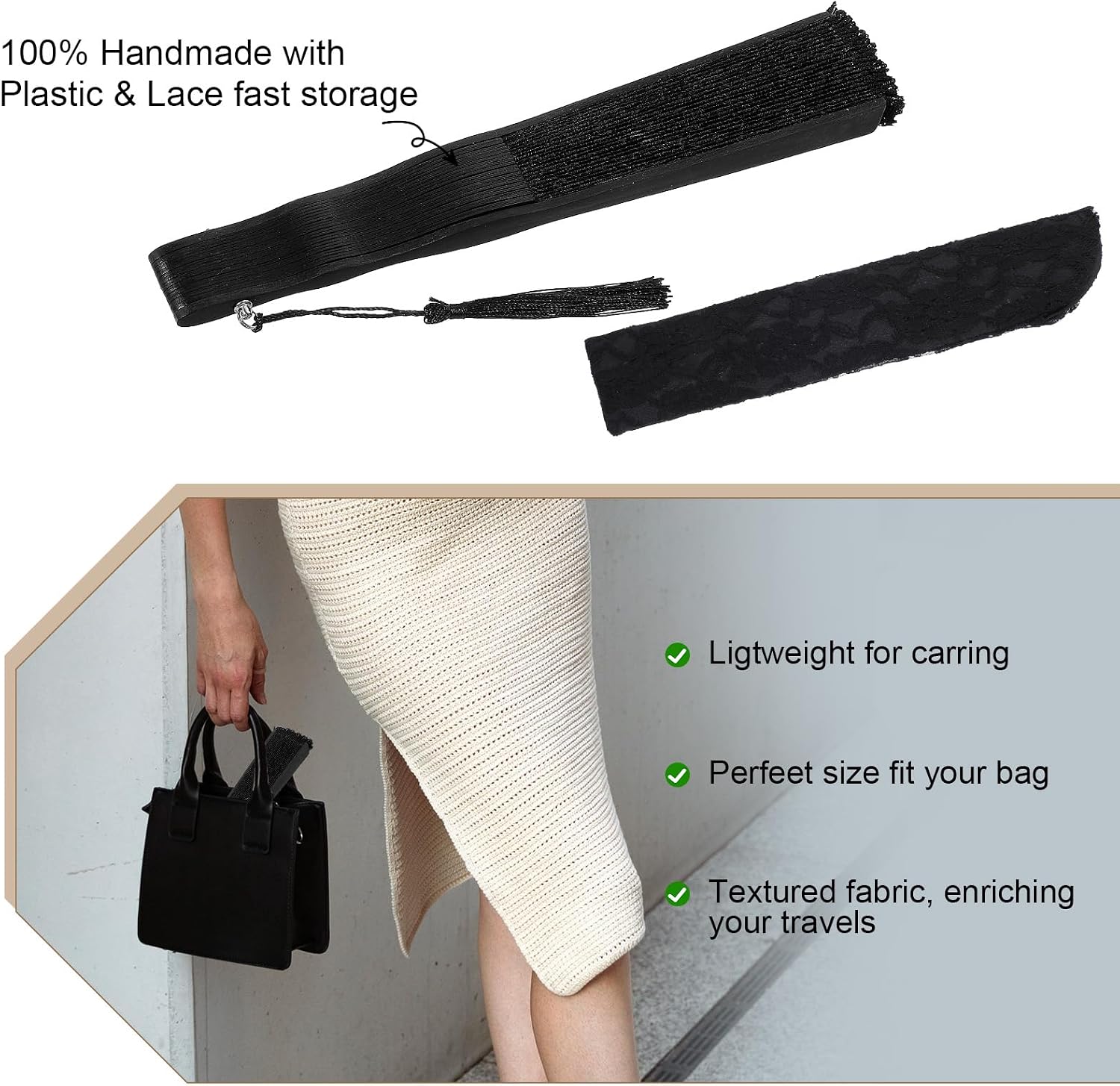 Grevosea Folding Hand Fan, Black Lace Vintage Retro Fabric Fans Hand Held Chines/Spanish Foldable Fan for Wedding Party Favor Performance Dance Home Decorations Festival Gift