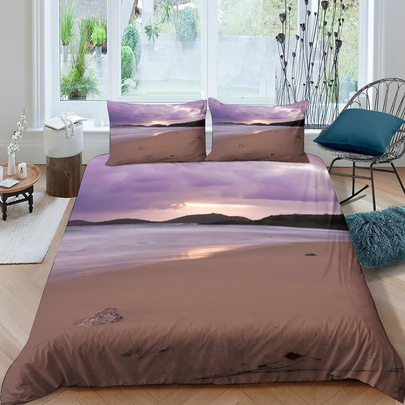 GPLZQXKJNH 3D Printed Sunset Lake View Duvet Cover Microfiber Soft Breathable Mountain Landscape Bedding Set with 2 Pillowcases for Bedroom Home Decor Single（135x200cm）