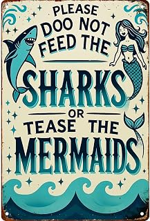 Please Don'T Tease The Shark Feed The Mermaid Wall Decor Retro Metal Sign Poster for Garage Man Cave Bathroom Bedroom Farm Inspirational Popular Wall Art 8x12 Inch Signs Posters