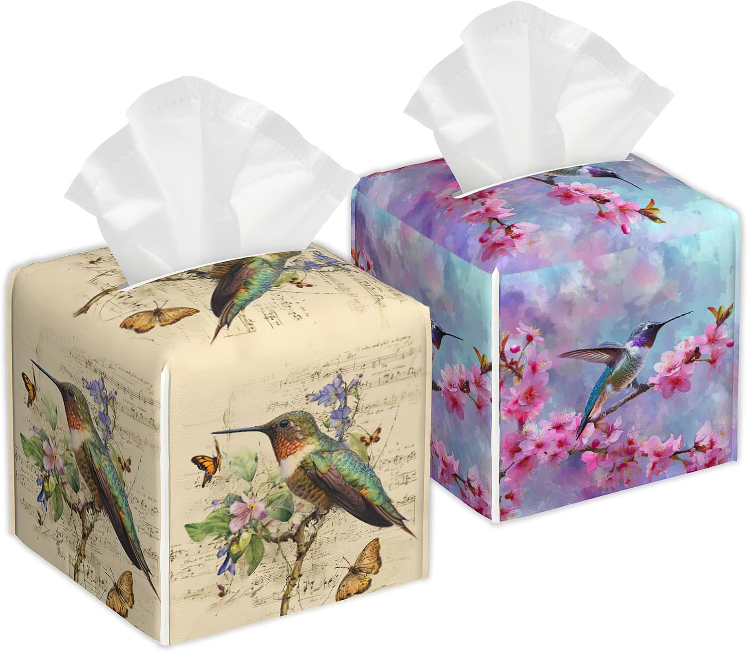 Hummingbird Flowers Spring Tissue Box Cover, Set of 2 Square Leather Tissue Holder Organizer Portable Decorative Facial Paper Case for Home Office Bathroom Vanity Countertop