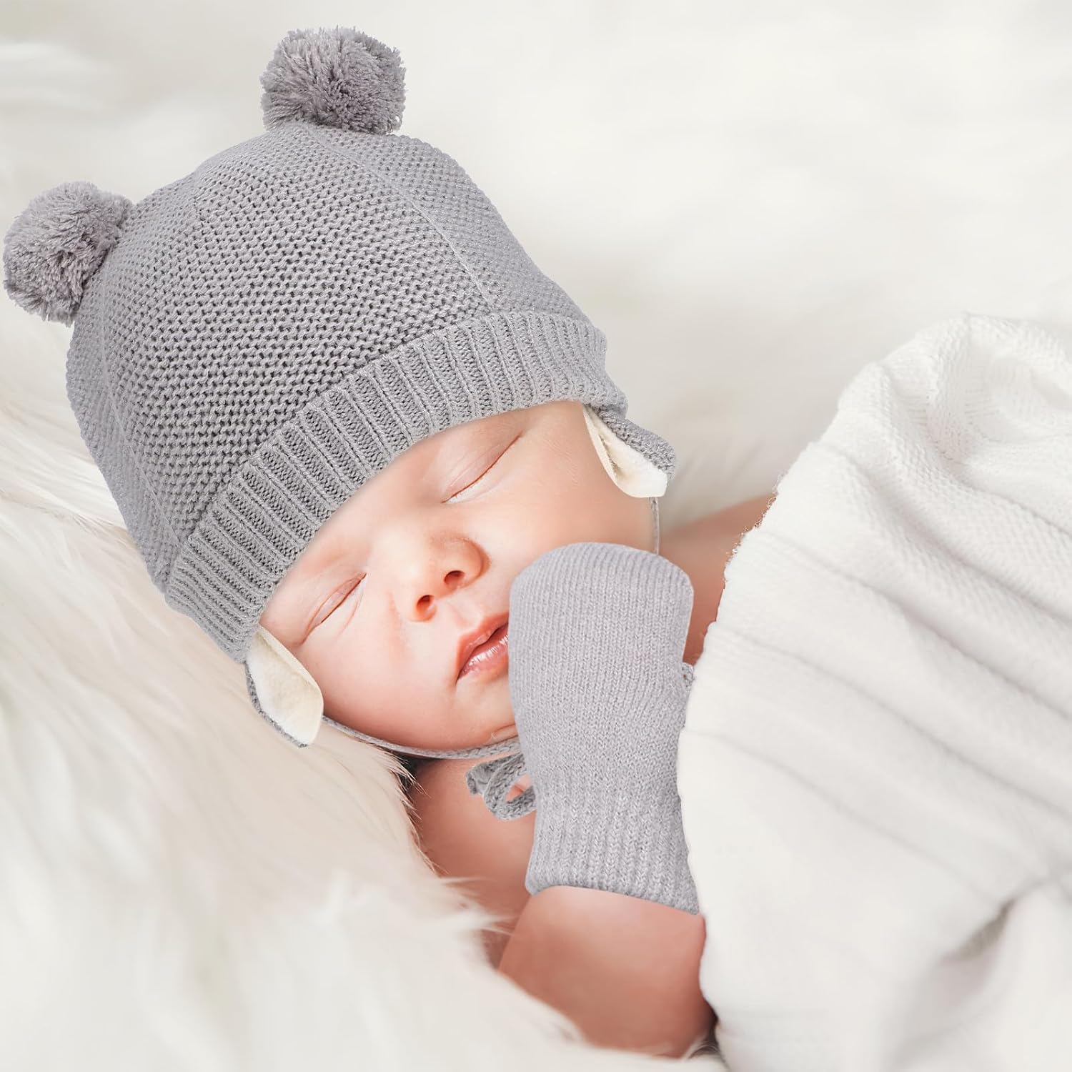 Winter Hat and Gloves Set, Fleece Lined Beanie for Boys Grey