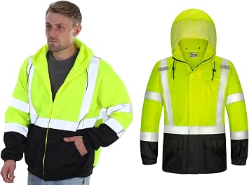 sesafety High Visibility Safety Sweatshirt for Men, Class 3 High Visibility Rain Gear bundle L/XL