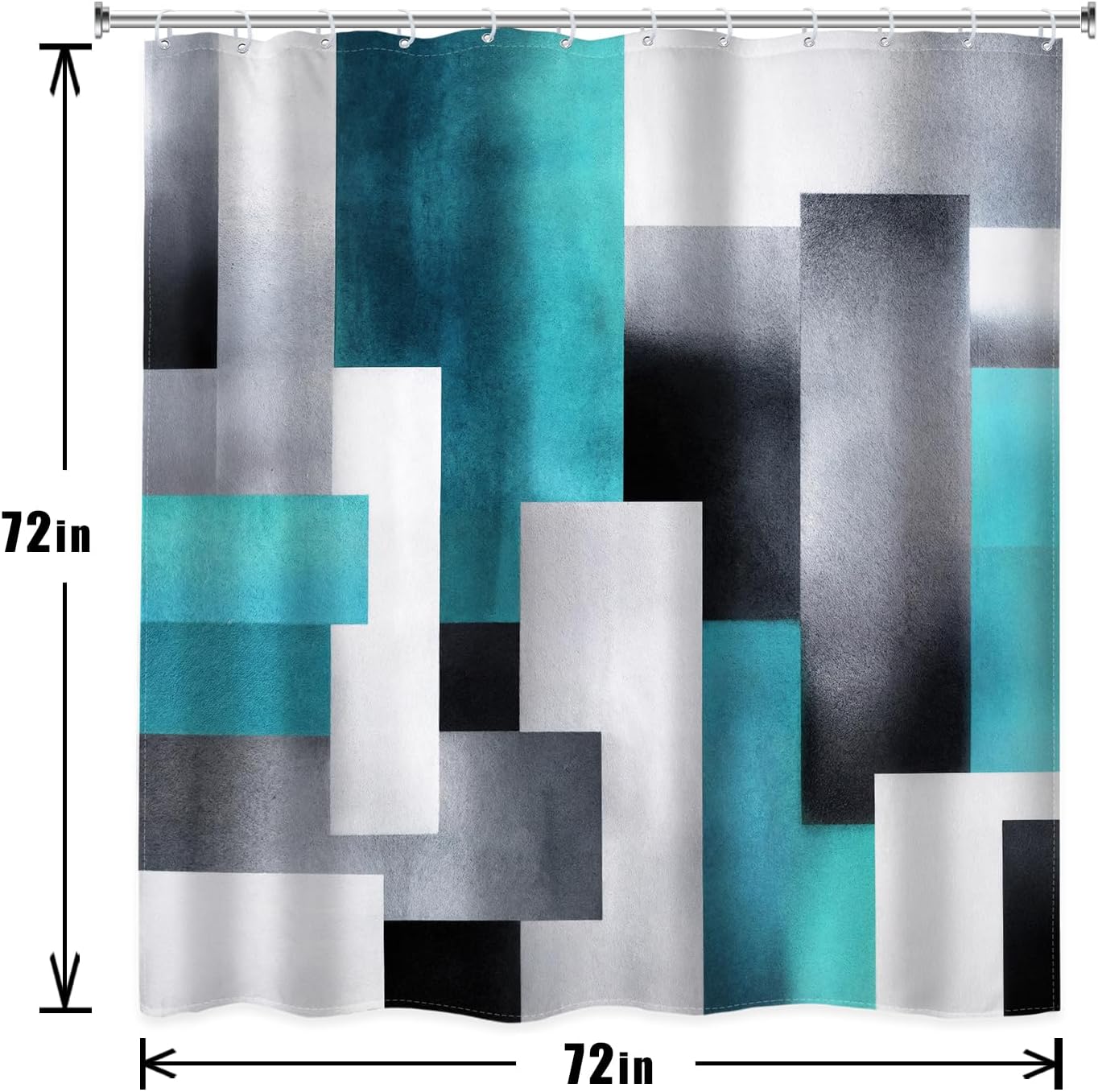 Riyidecor 4PCs Teal Grey Abstract Shower Curtain Bathroom Set with Non-Slip Rugs, Toilet Lid Cover and Bath Mat Modern Geometric Waterproof 12 Pack Hooks 72x72 inch Minimalist Shower Curtain Decor