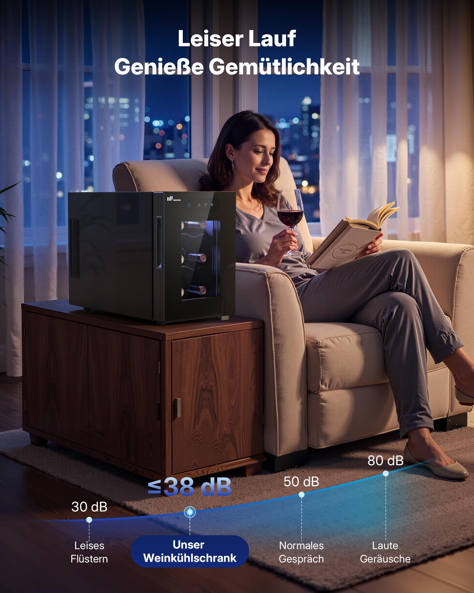 Upstreman Weinkühlschrank Klein 6 Flaschen 5-18℃ einstellbar Glastür Weinkühler Elektrisch Touch-Display LED-Innenbeleuchtung Wine Fridge W6