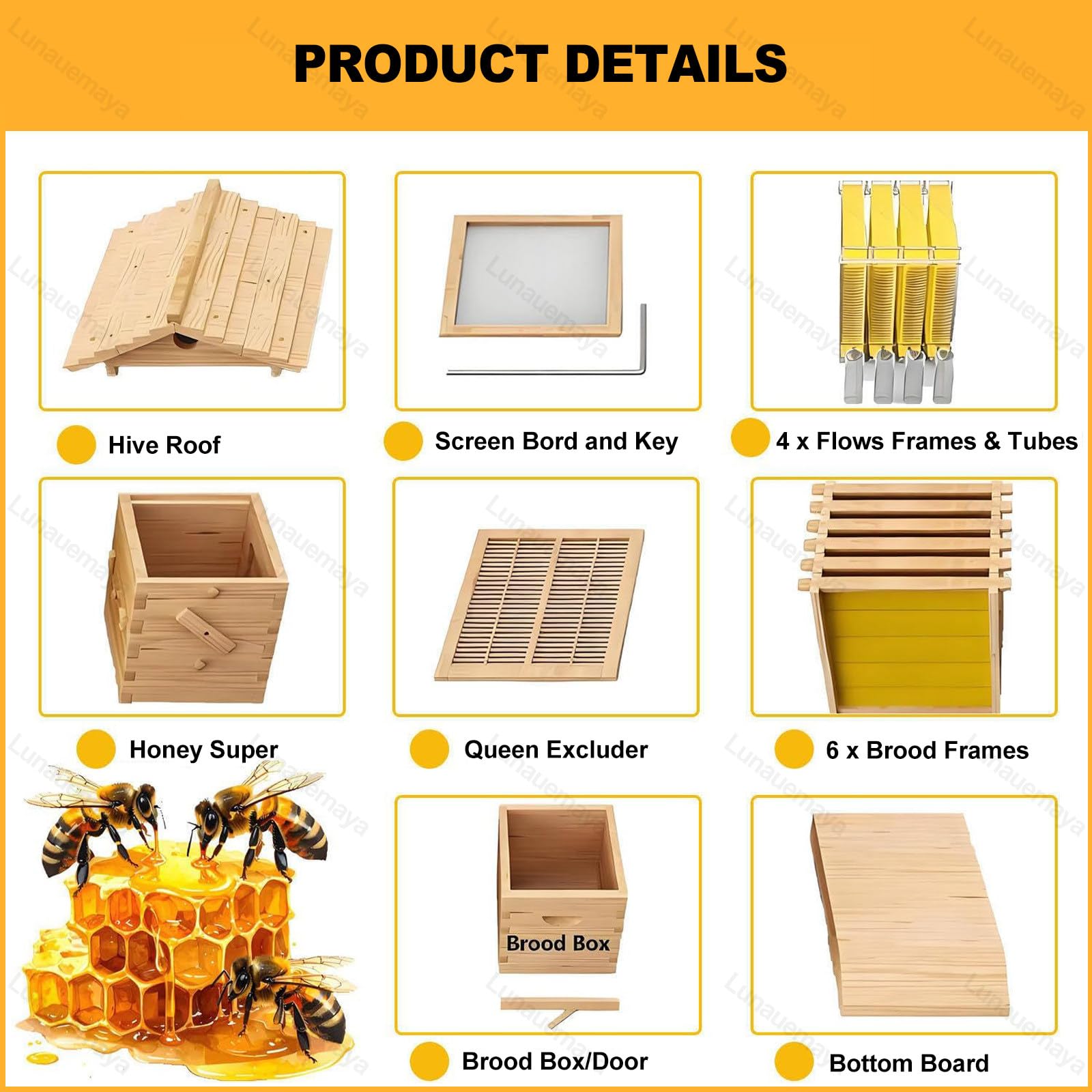 Kit de apicultura, colmena vertical de madera con marcos y bandejas de panal, suministros de cosecha automática de miel para principiantes