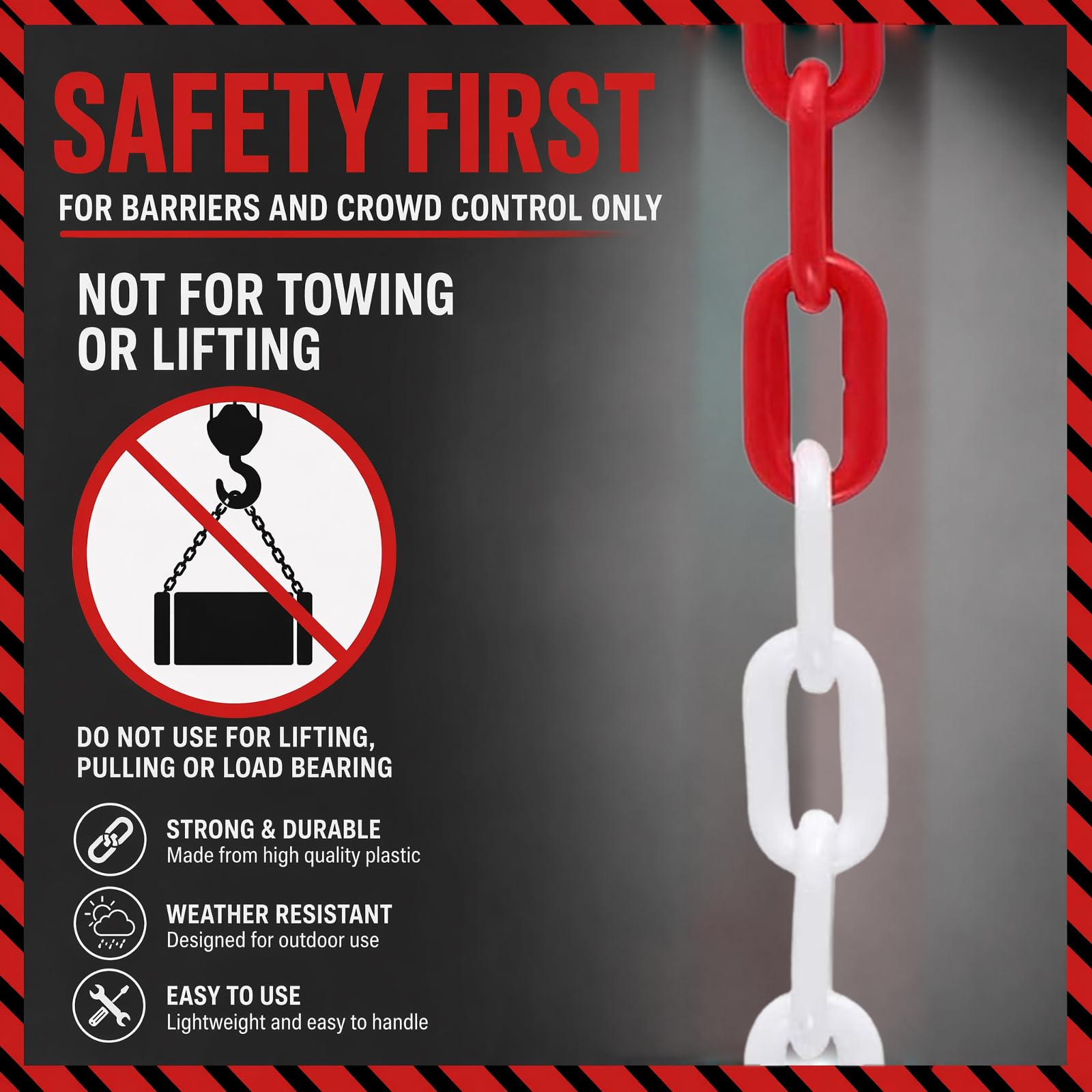 Catena di sicurezza rossa e bianca, in plastica, 6/8 mm, con moschettoni, catena di sicurezza per cantieri, parcheggi, manutenzione di ordini, garage (rosso-bianco, 8 mm-50 m)