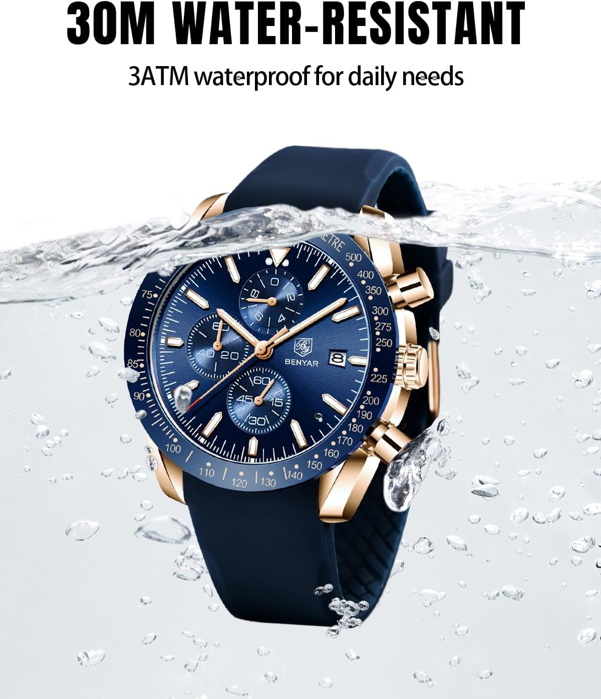 BENYAR Watch for Men Analog Quartz Chronograph Waterproof Luminous Designer Mens Wrist Watches Business Work Sport Casual Dress Watch with Silicone Strap Elegant Gifts for Men