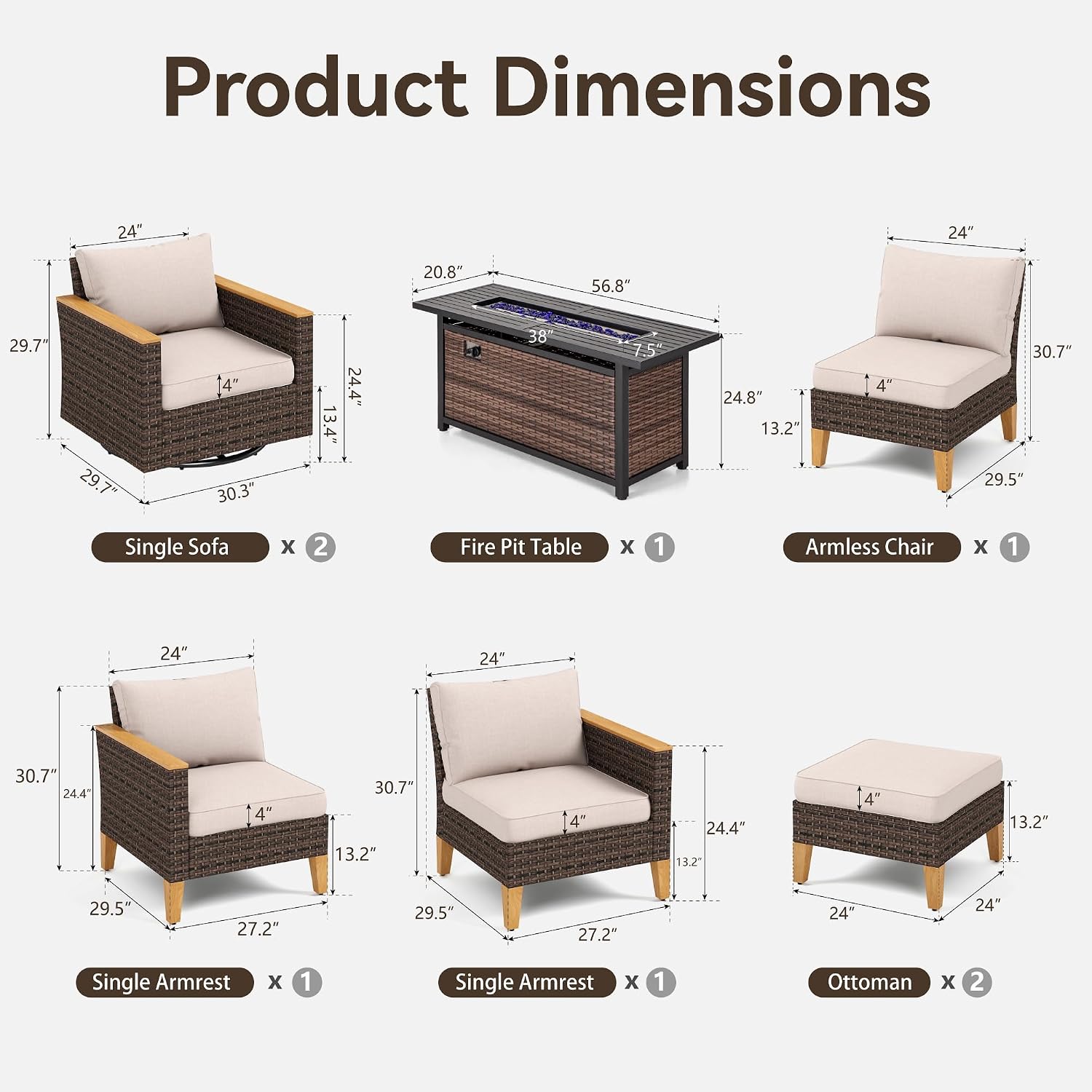 GREEN PARTY 7 Pieces Wicker Patio Furniture Set with 56" Fire Pit Table, All-Weather Outdoor Rattan Patio Sectional Sofa Conversation Set 7 Seats for Garden, Backyard, 2 x Swivel Chairs