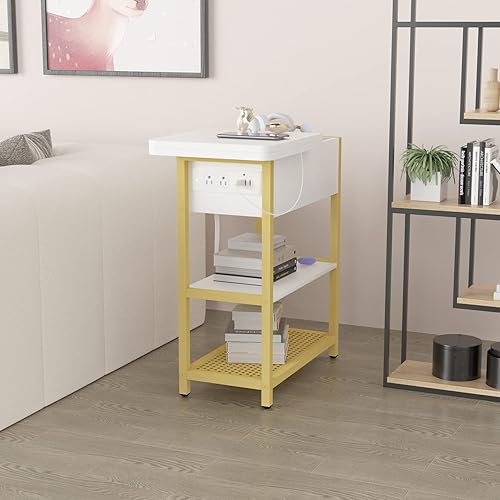 Miniatura 2 de Yenlure Mesa auxiliar con estación de carga, mesa auxiliar estrecha con 5 puertos USB y tomacorrientes, mesita de noche abatible para espacio